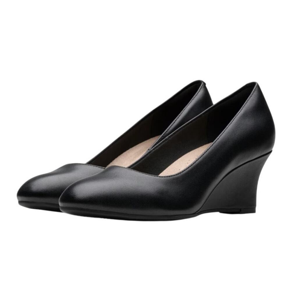 Clarks Womens Olivette Pearl Wedge Pump Size 10 Wide Black Leather NWOB
